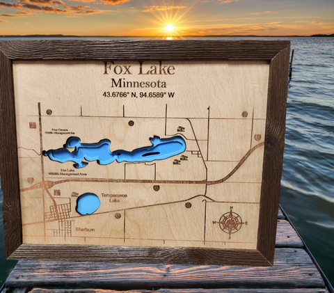 Fox Lake 3D Bathymetric Map - Laser Engraved, Shurburn, MN, Martin County