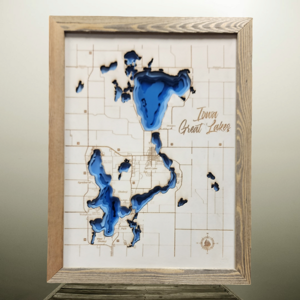 Okoboji Iowa Great Lakes Contour Bathymetric Depth Map Natural Wood Big Spirit Lake Iowa Map of Dickinson County- Small