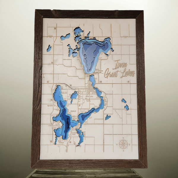 Okoboji Iowa Great Lakes Contour Bathymetric Depth Map Natural Wood Big Spirit Lake Iowa Map of Dickinson County- Small