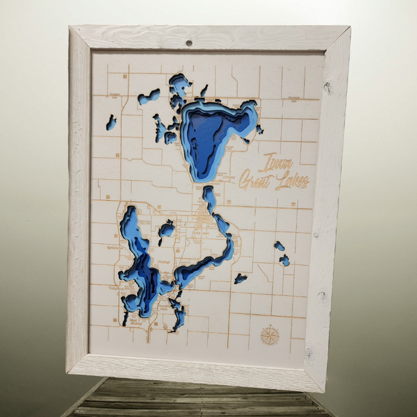 Okoboji Iowa Great Lakes Contour Bathymetric Depth Map Natural Wood Big Spirit Lake Iowa Map of Dickinson County- Small