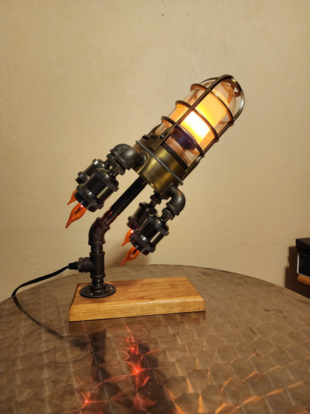 Steampunk Rocket Lamp  - Cherry Wood Base - Steampunk - Unique Gift Idea