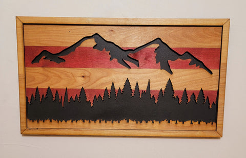 3D Laser Cut Layered Mountain Scene with Pine Trees - 17.5x12 - Mountain scene - Gift
