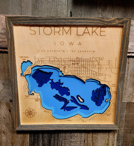 3D Laser Cut Bathymetric Lake Map of Storm Lake - Gift - Lake Life - 24x15 - Baltic Birch