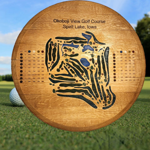 Okoboji View Golf Course Map: Laser Engraved on Whiskey Barrel Top