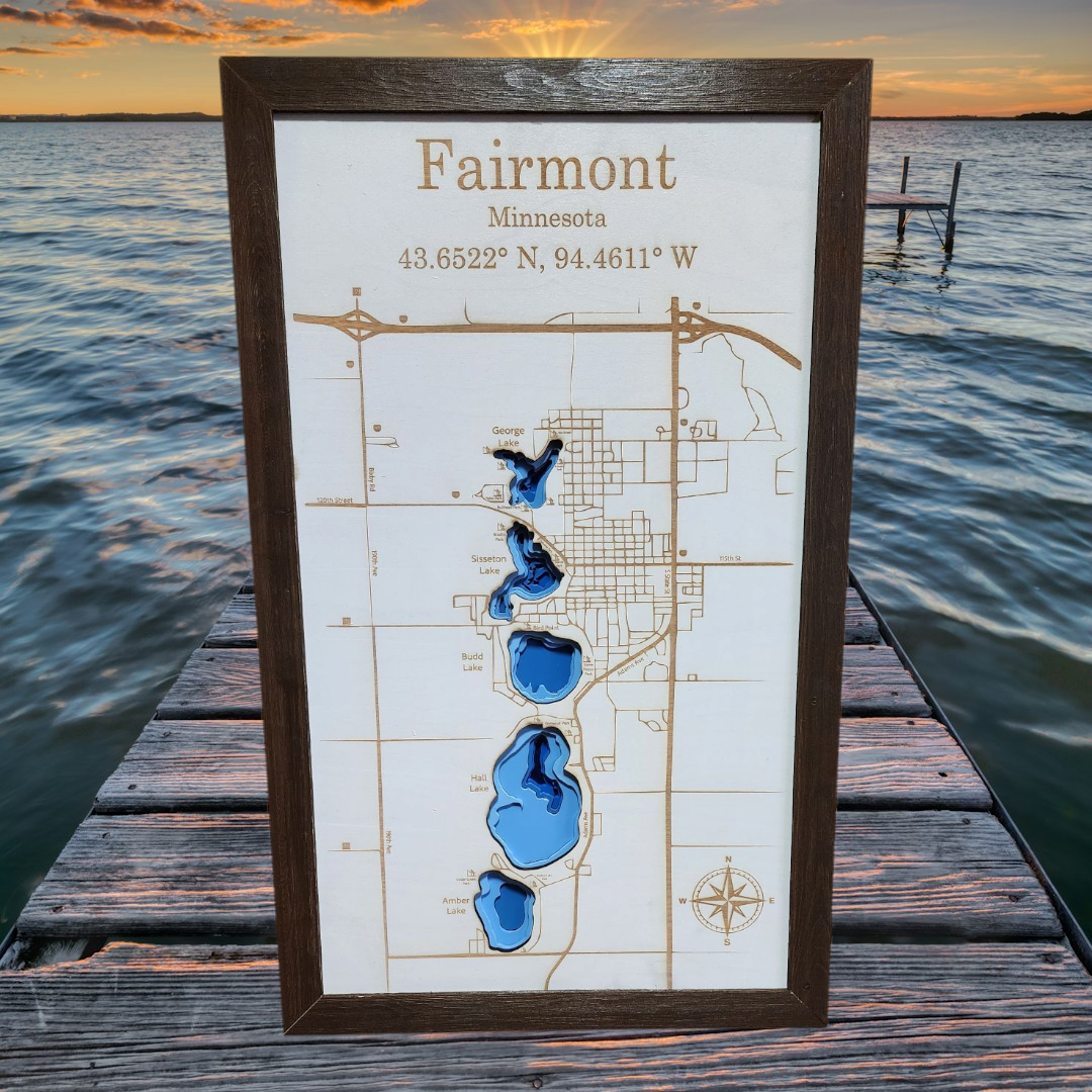 Fairmont MN 5 Lakes Bathymetric Wood Map | Baltic Birch Lake Art | Lake House Decor | Custom Lake Map with Barnwood, Charwood or White Frame