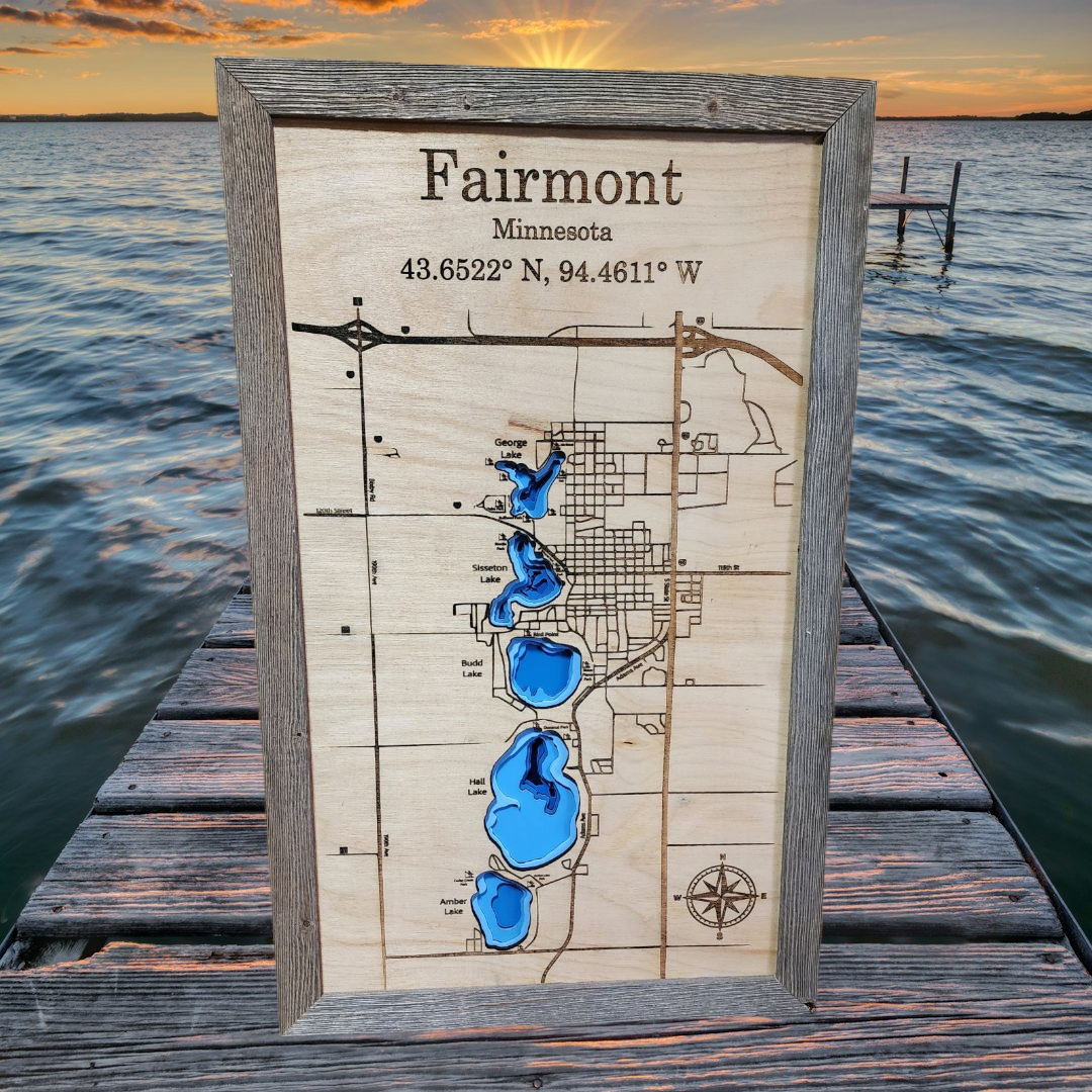 Fairmont MN 5 Lakes Bathymetric Wood Map | Baltic Birch Lake Art | Lake House Decor | Custom Lake Map with Barnwood, Charwood or White Frame
