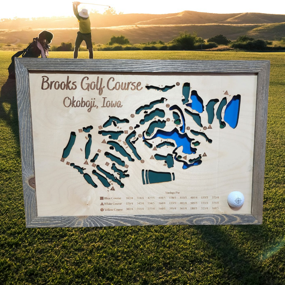 Brooks Golf Course Map – Okoboji, Iowa | Rustic Wall Art | Layered Wood Map | Golf Lover Gift