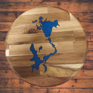 Cutting Board Round Acacia with Iowa Great Lakes Epoxy Image