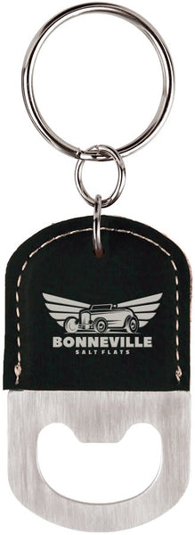 Rectangle Black/Silver Laserable Leatherette Bottle Opener Keychain