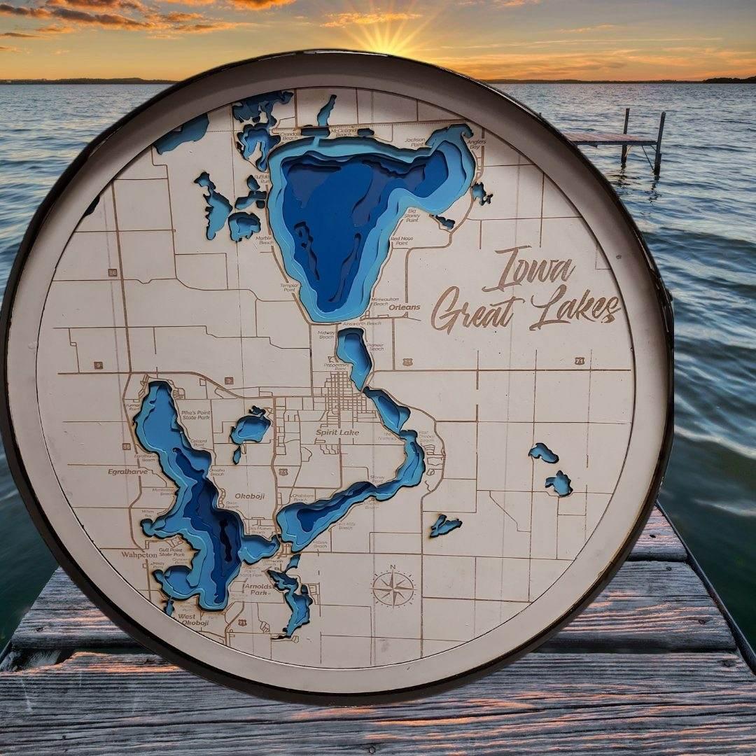 Okoboji Iowa Great Lakes Contour Bathymetric Depth Map in a Whiskey Barrel Ring.  Big Spirit Lake Iowa of Dickinson County,Iowa