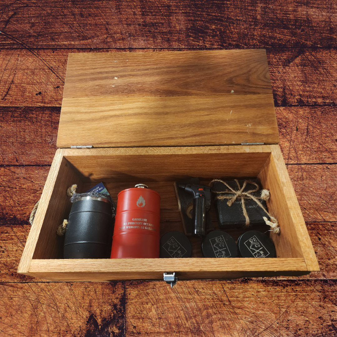 Whiskey Lover Survival Kit with Orca Whiskey Barrel, Barrel Stave Whiskey Smoker (with lighter and wood shavings), "Gasoline" Whiskey Flask, and Whiskey Saying Coasters