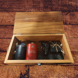 Whiskey Lover Survival Kit with Orca Whiskey Barrel, Barrel Stave Whiskey Smoker (with lighter and wood shavings), "Gasoline" Whiskey Flask, and Whiskey Saying Coasters