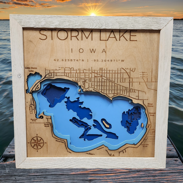 3D Laser Cut Bathymetric Lake Map of Storm Lake - Gift - Lake Life - 24x15 - Baltic Birch