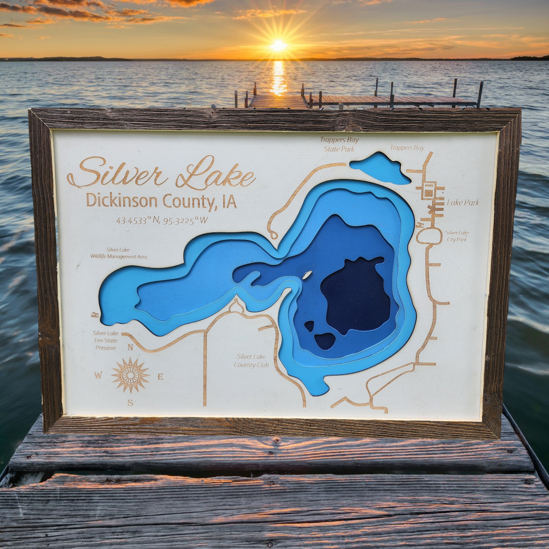 Silver Lake 3D Laser Cut Bathymetric Lake Map 21x15 - Gift - Silver Lake, Iowa Decor