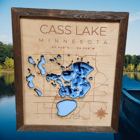 Bathymetric Lake Map of Cass Lake, MN – Laser-Cut Baltic Birch with Charwood Trim