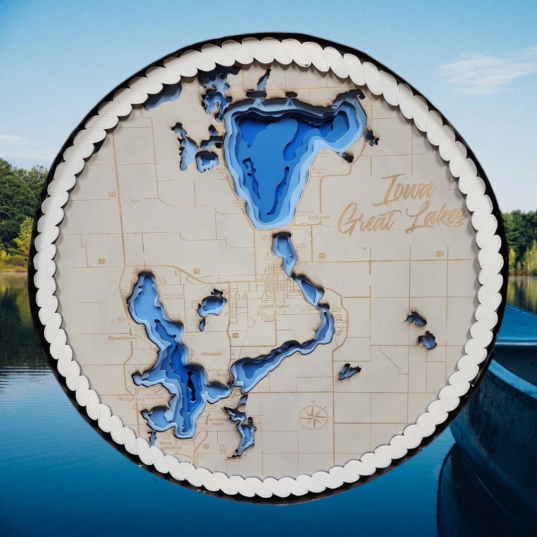 Okoboji Iowa Great Lakes Round Layered Map with Detailed Edge