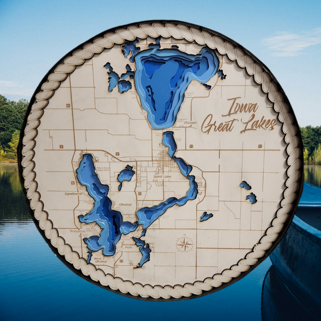 Okoboji Iowa Great Lakes Contour Bathymetric Round Layered Map