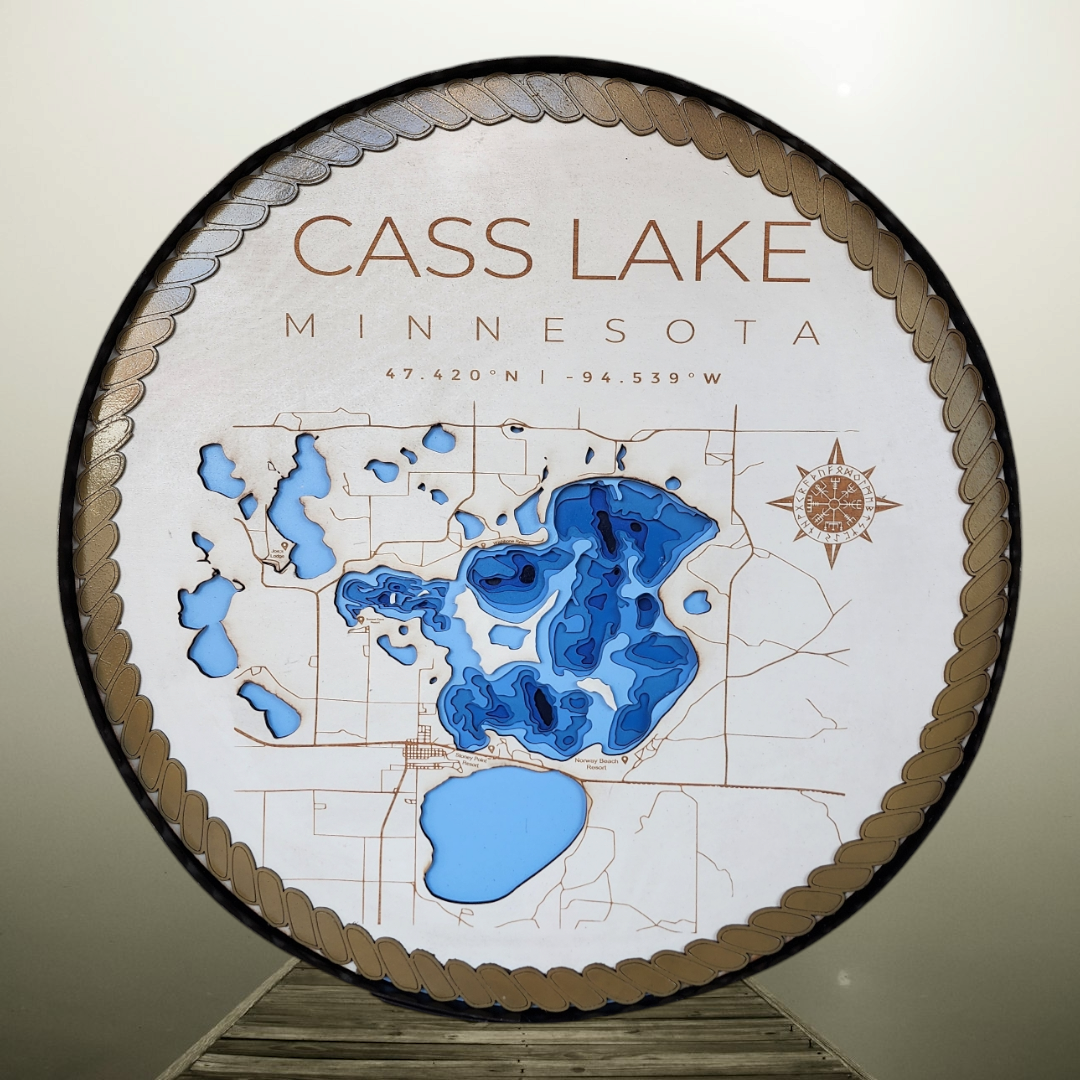 Cass Lake MN Round Bathymetric Lake Map Laser-Cut Baltic Birch with Whiskey Barrel Ring Frame