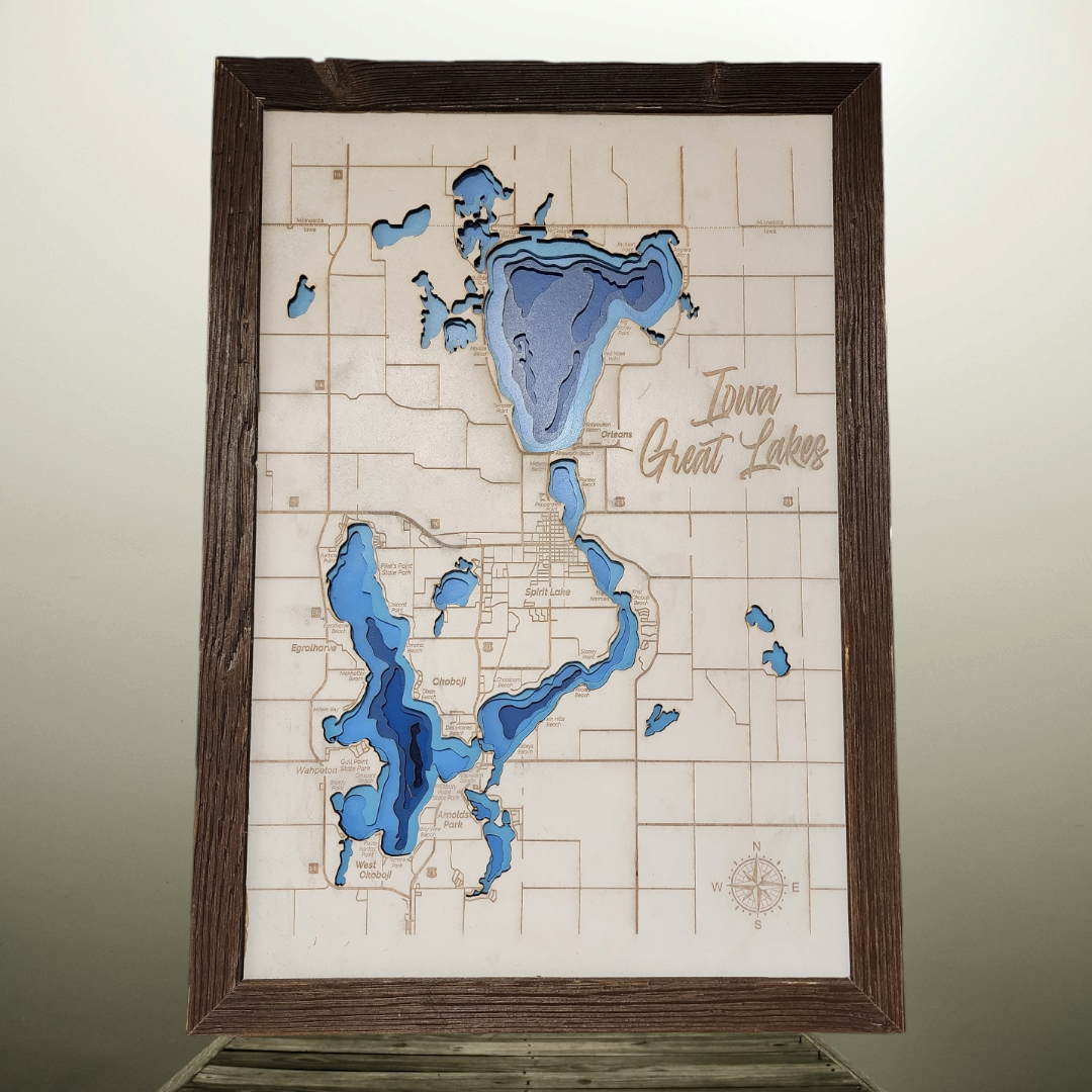 Okoboji Iowa Great Lakes Contour Bathymetric Depth Map Natural Wood  Medium Big Spirit Lake, of Dickinson County Medium