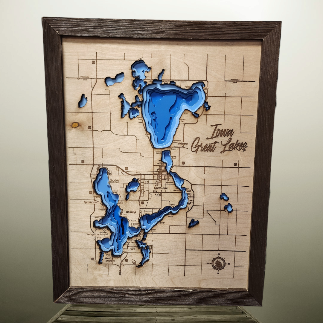 Okoboji Iowa Great Lakes Contour Bathymetric Depth Map Natural Wood  Medium Big Spirit Lake, of Dickinson County Medium