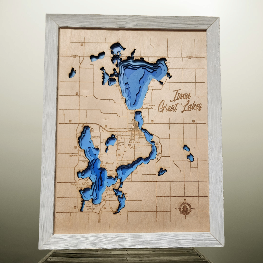Okoboji Iowa Great Lakes Contour Bathymetric Depth Map Natural Wood  Medium Big Spirit Lake, of Dickinson County Medium