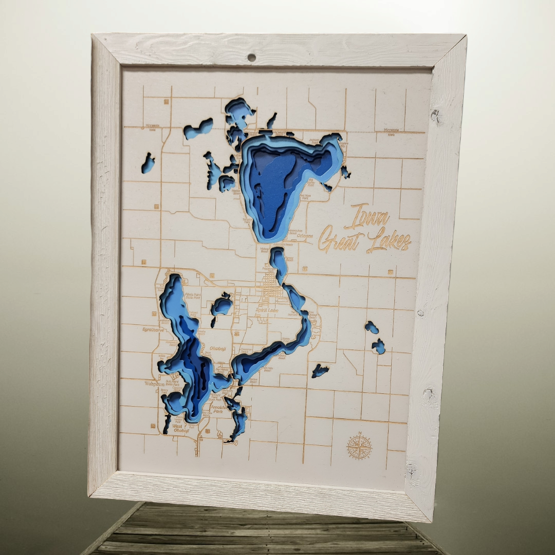 Okoboji Iowa Great Lakes Contour Bathymetric Depth Map Natural Wood  Medium Big Spirit Lake, of Dickinson County Medium