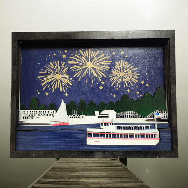 3D Laser Cut Arnold's Park & Queen II Night Scene Diorama | Baltic Birch Wood Art | West Lake Okoboji Fireworks- Small