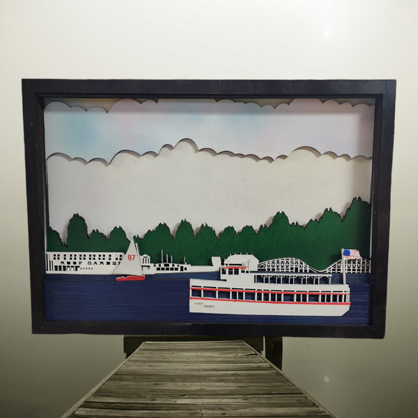 3D Laser Cut Arnold's Park & Queen II Diorama | Baltic Birch Wood Art | West Lake Okoboji- Large