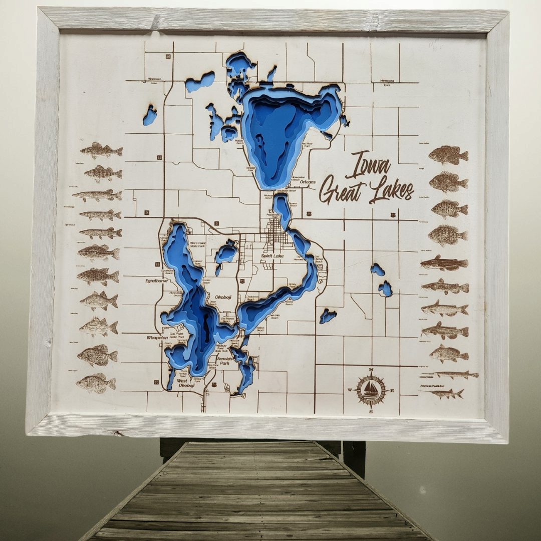 Okoboji Iowa Great Lakes Bathymetric Lake Map With All Sporting Fish Small