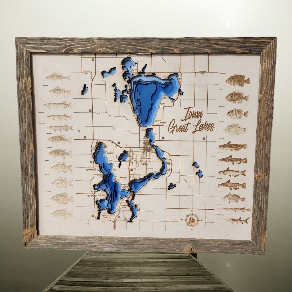 Okoboji Iowa Great Lakes Contour Bathymetric Map Complete With All Sporting Fish- Large