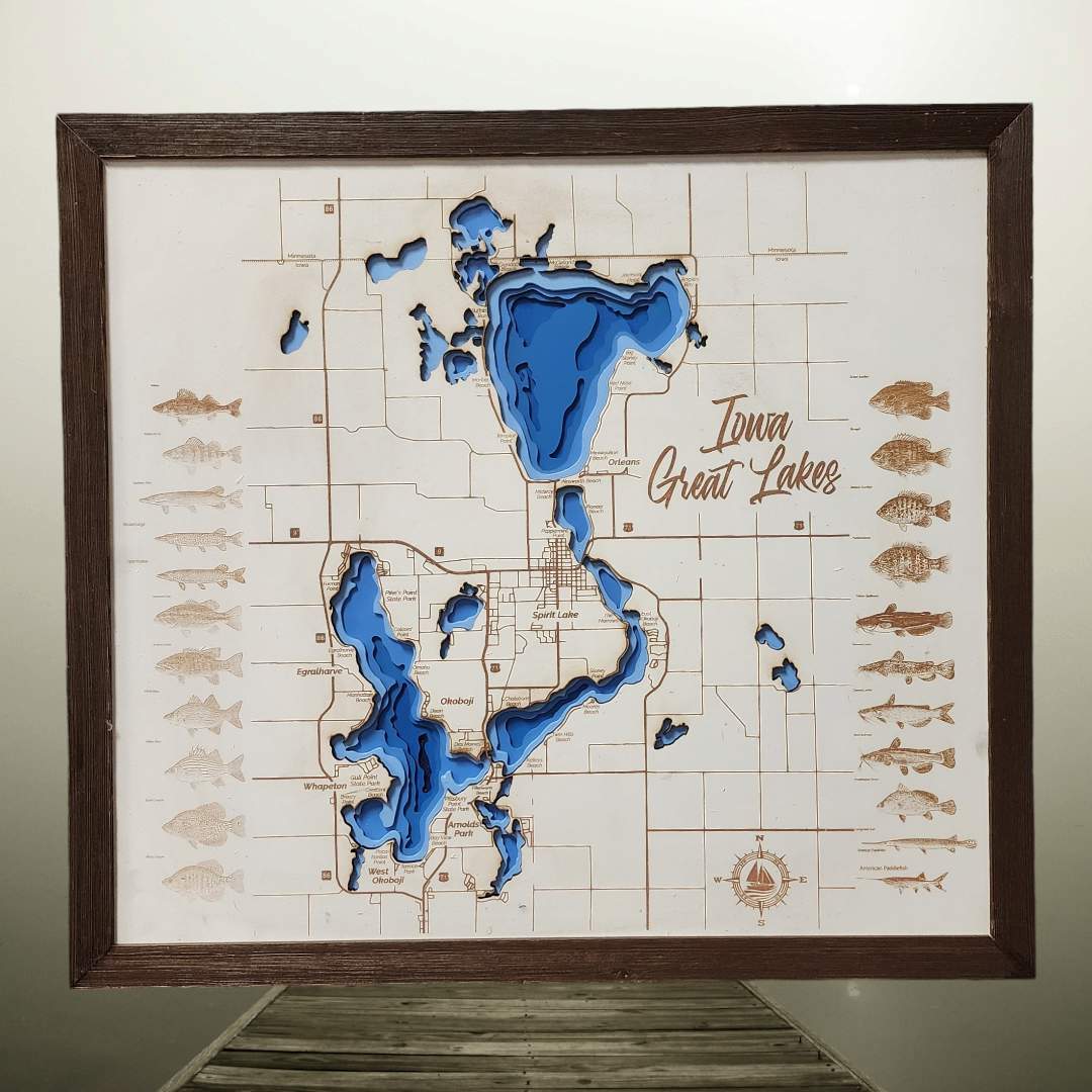 Okoboji Iowa Great Lakes Bathymetric Lake Map With All Sporting Fish Small