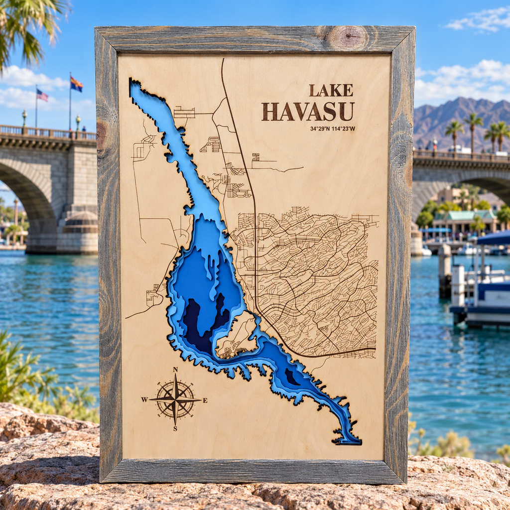 Lake Havasu layered bathymetric wood map — Natural Baltic Birch / Barnwood (Rustic Grey), London Bridge Arizona background (digital mockup)