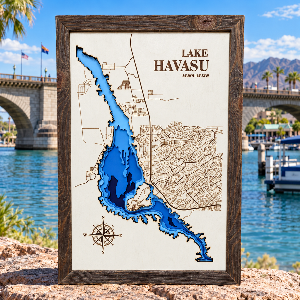 Lake Havasu layered bathymetric wood map — Painted Baltic Birch / Charwood (Dark Brown), London Bridge Arizona background (digital mockup)