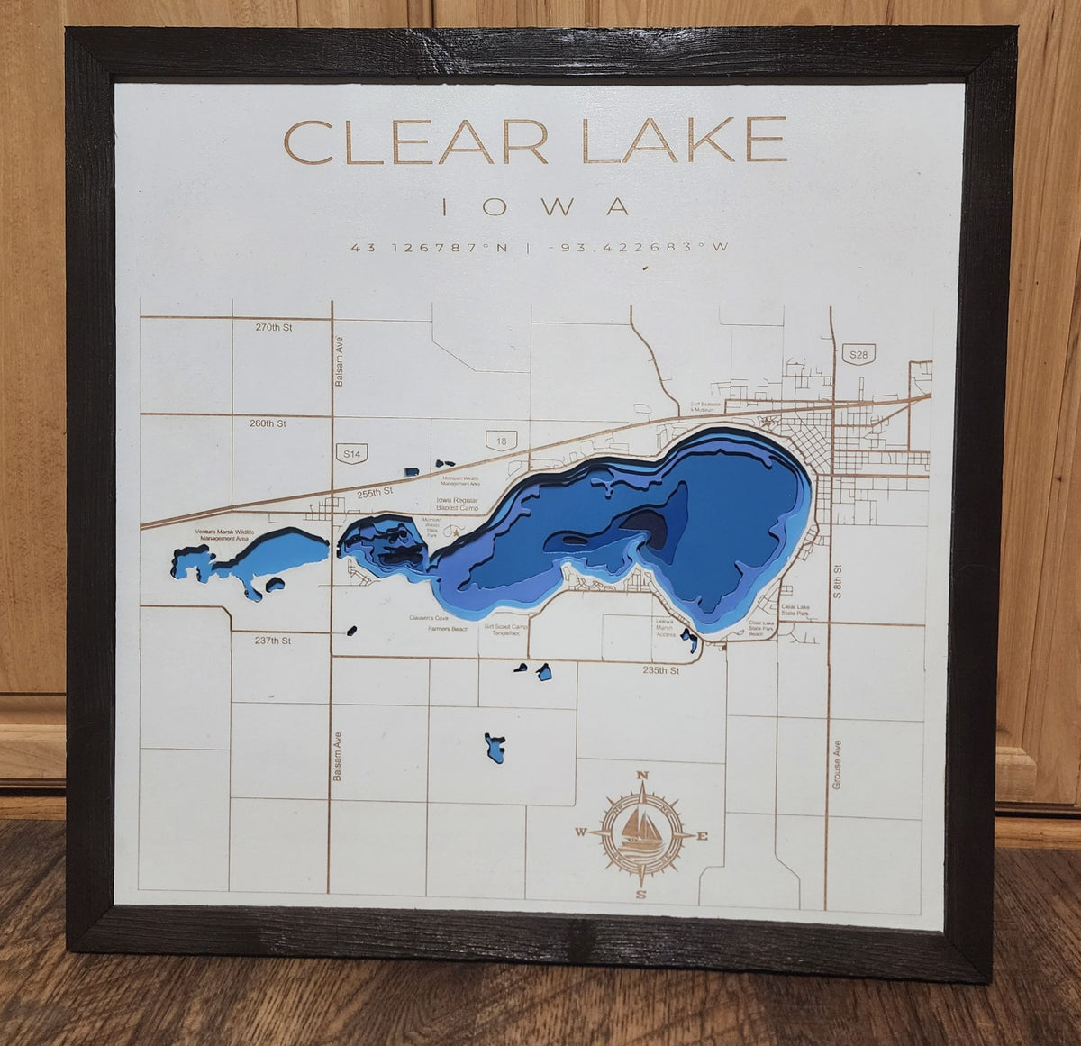 Clear Lake layered bathymetric wood map, framed product photo (Iowa)