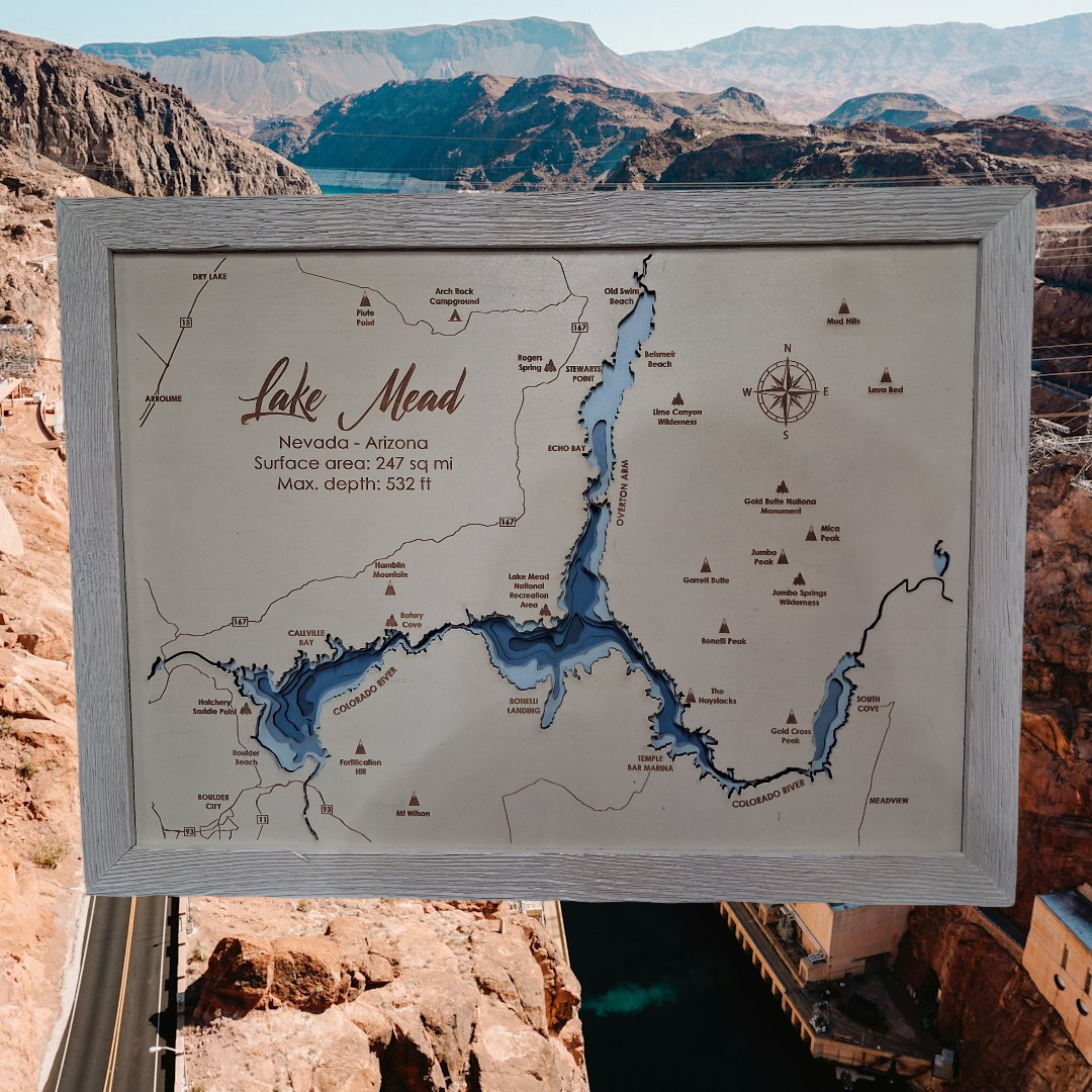 Lake Mead layered bathymetric wood map — Painted Baltic Birch, Coastal White, Hoover Dam scenic background (digital product mockup)