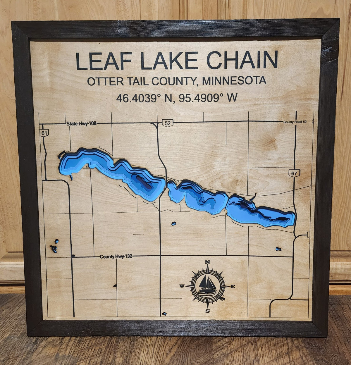 Leaf Lake Chain layered bathymetric wood map, framed product photo (Otter Tail County, Minnesota)