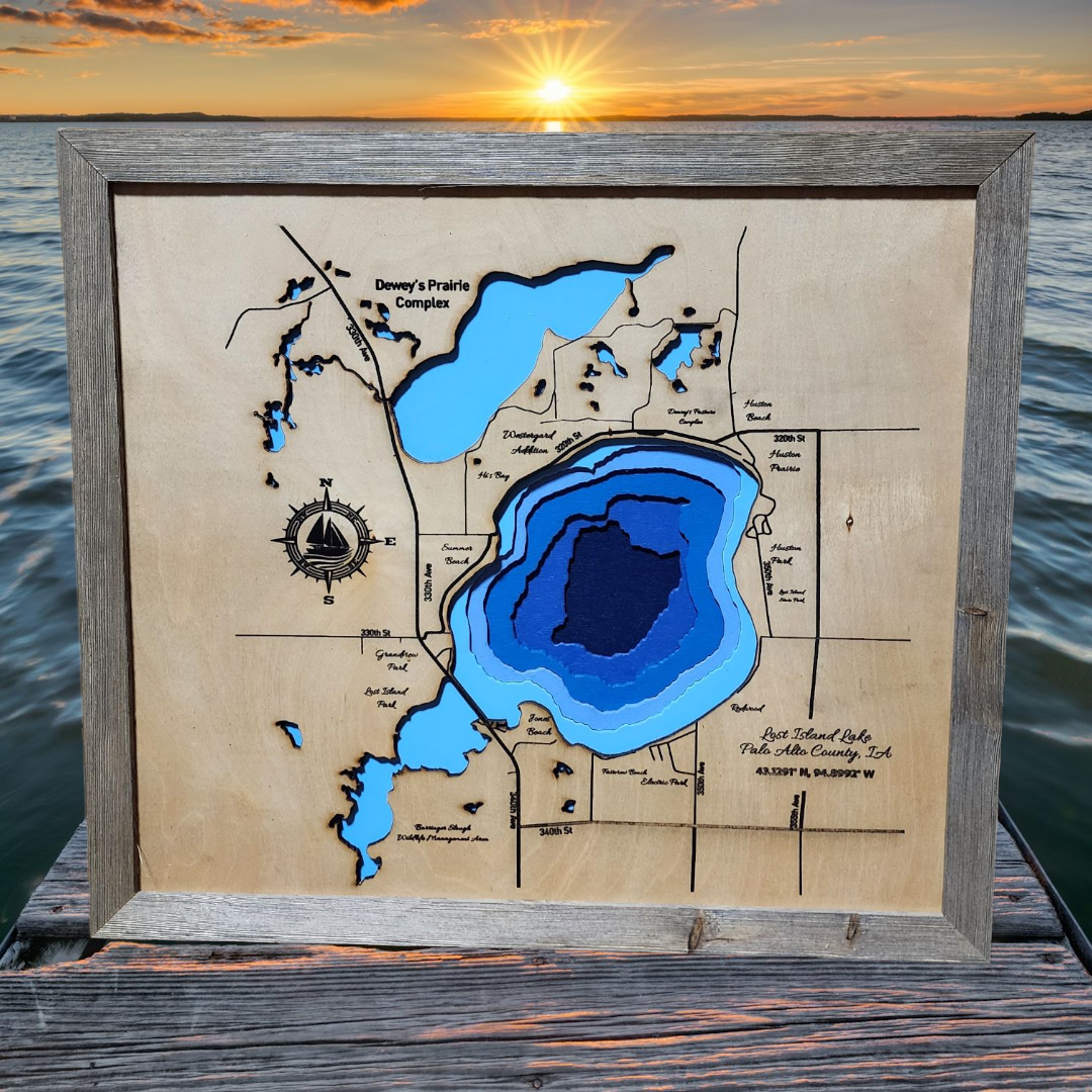 Lost Island Lake layered bathymetric wood map, example framed finish, Okoboji Trading Company