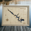 Lake Panorama layered bathymetric wood map, framed product photo (Panora, Iowa)