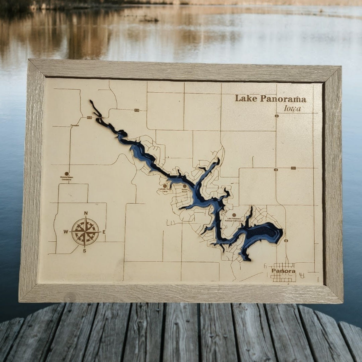 Lake Panorama layered bathymetric wood map, framed product photo (Panora, Iowa)