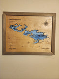 Lake Vermilion layered bathymetric wood map, framed product photo (Minnesota)