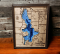 West Okoboji Lake layered bathymetric wood map, framed product photo (Dickinson County, Iowa)