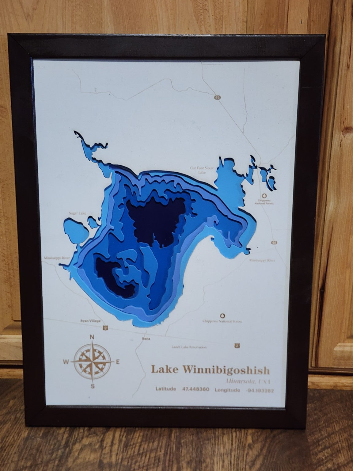 Lake Winnibigoshish layered bathymetric wood map, framed product photo (Minnesota)