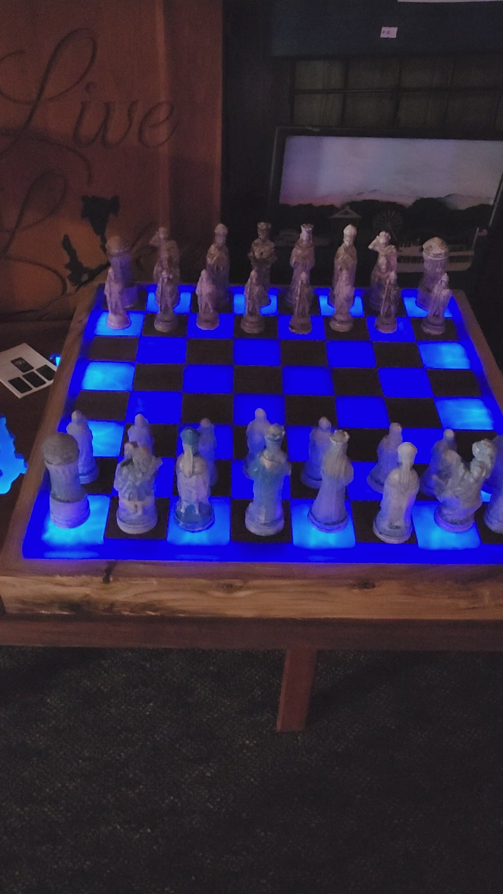 Backlit Black Walnut & Deep Blue Epoxy Chess Board w/ Ash Case – Medieval Set