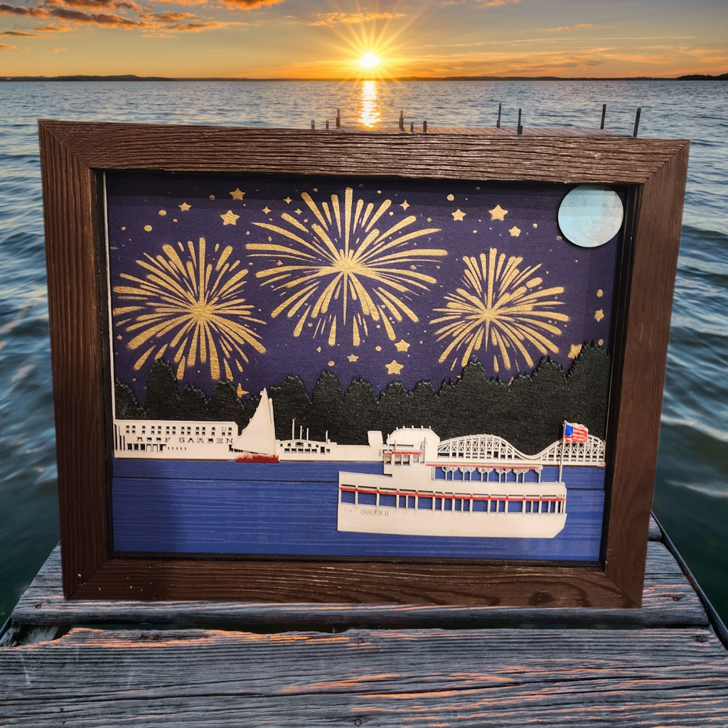 3D Laser Cut Arnold's Park & Queen II Diorama | Baltic Birch Wood Art | West Lake Okoboji