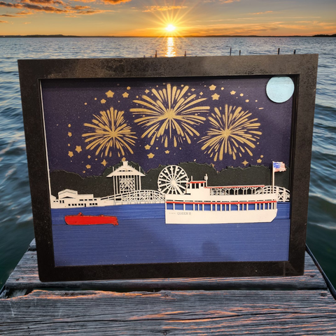 3D Laser Cut Arnold's Park & Queen II Night Scene Diorama | Baltic Birch Wood Art | West Lake Okoboji Fireworks- Small (unframed)