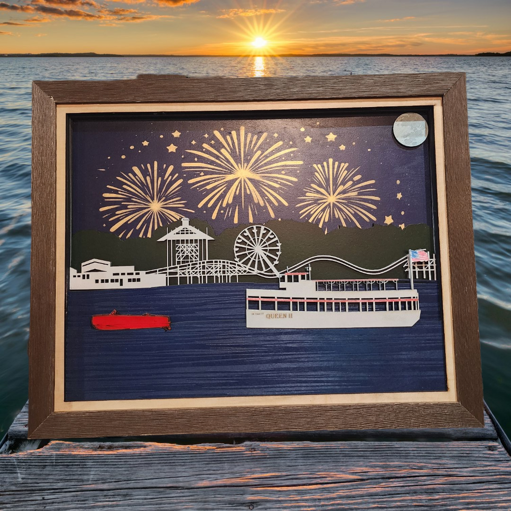 3D Laser Cut Arnold's Park & Queen II Night Scene Diorama | Baltic Birch Wood Art | West Lake Okoboji Fireworks- Small