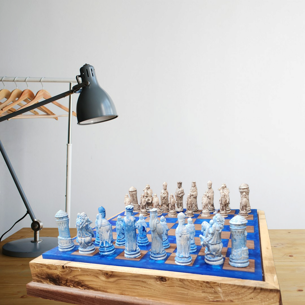 Backlit Black Walnut & Deep Blue Epoxy Chess Board w/ Ash Case – Medieval Set