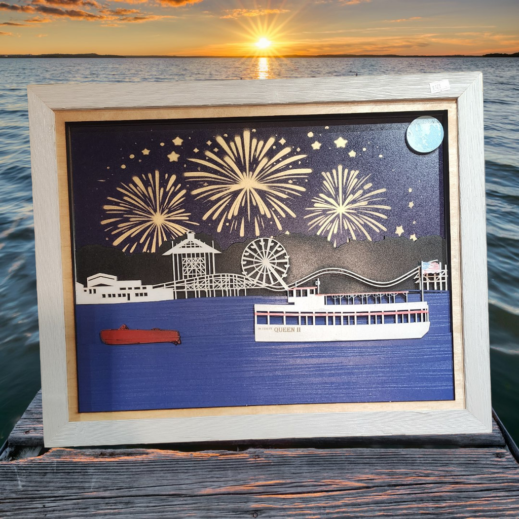 3D Laser Cut Arnold's Park & Queen II Night Scene Diorama | Baltic Birch Wood Art | West Lake Okoboji Fireworks- Small