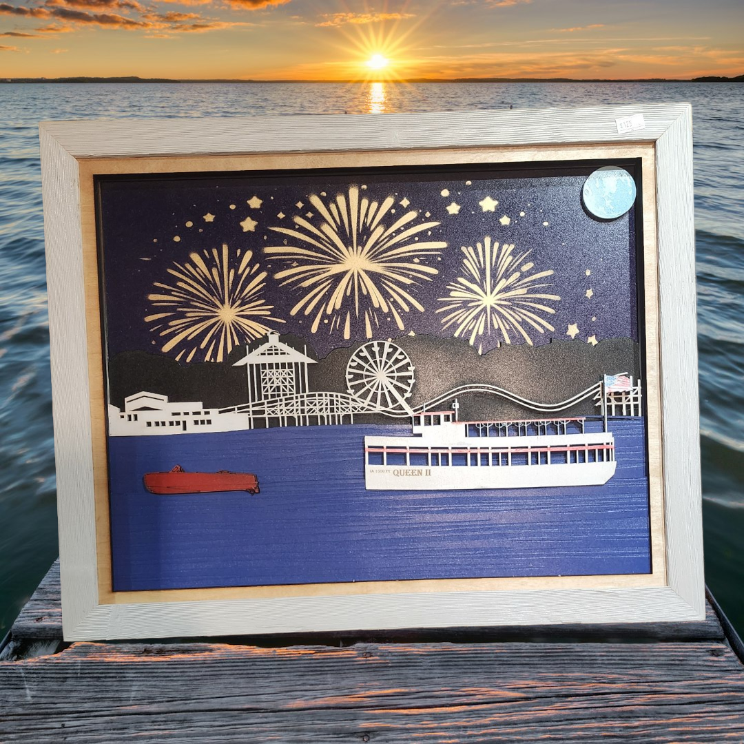 3D Laser Cut Arnold's Park & Queen II Night Scene Diorama | Baltic Birch Wood Art | West Lake Okoboji Fireworks- Small