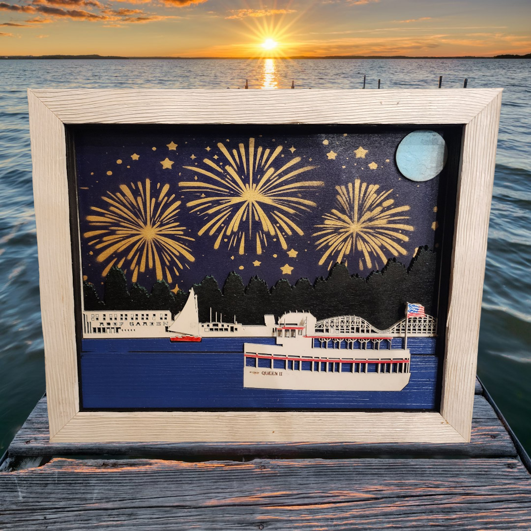 3D Laser Cut Arnold's Park & Queen II Diorama | Baltic Birch Wood Art | West Lake Okoboji
